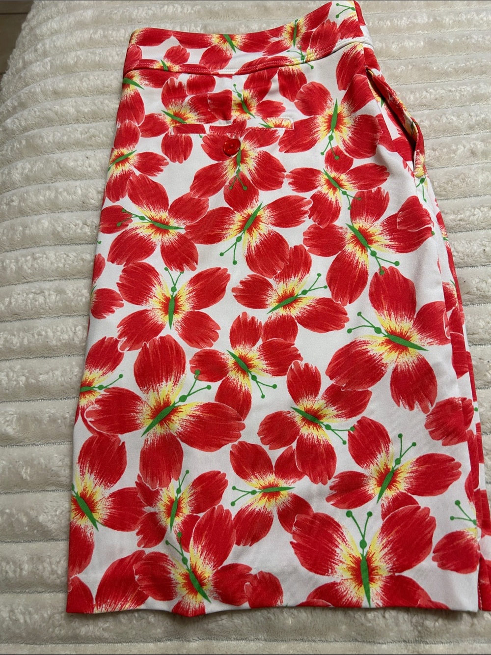 G by Giuliana Red and White Floral Midi Skirt with Green Accents